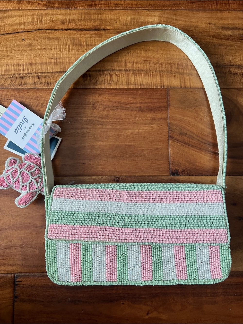 Turtle Beaded Pastel Stripe Shoulder Bag - Pink & Mint